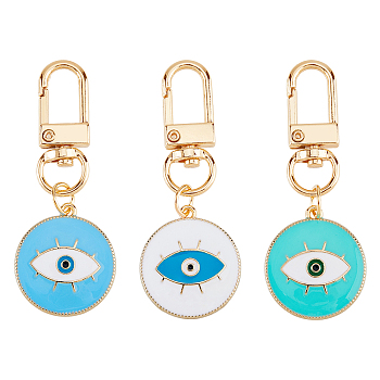 3Pcs 3 Colors Flat Round with Evil Eye Alloy Enamel Pendant Decoration, Swivel Clasp Charms for Keychain, Purse, Backpack Ornament, Mixed Color, 63mm, 1pc/color