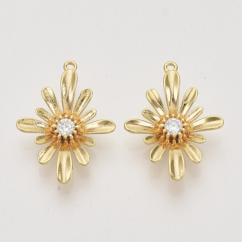Brass Cubic Zirconia Links connectors, Real 18K Gold Plated, Flower, Clear, Nickel Free, 25.5x19x5mm, Hole: 0.9~1.2mm