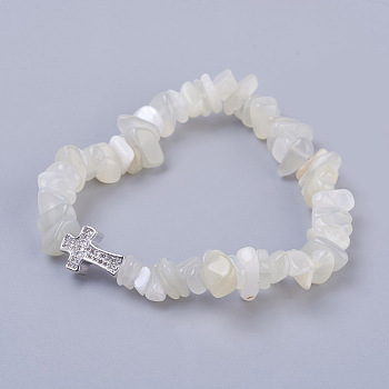 Natural White Moonstone Beads Stretch Bracelets, with Brass Micro Pave Cubic Zirconia Beads, Chip and Cross, Platinum, 2-1/8 inch(5.3cm)~2-1/8 inch(5.5cm)