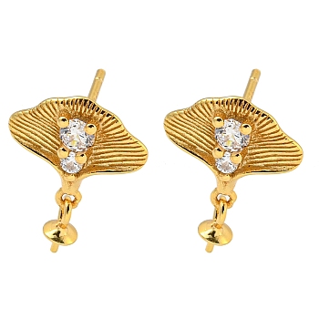 925 Sterling Silver Micro Pave Cubic Zirconia Stud Earrings Findings, Ginkgo, Real 18K Gold Plated, 15x12mm, Pin: 1x11mm