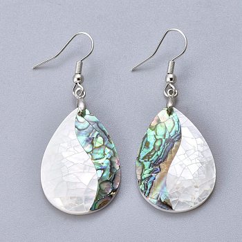 White Shell & Abalone Shell/Paua Shell Dangle Earrings, with Brass Ice Pick Pinch Bails and Earring Hooks, Teardrop, Platinum, 52mm, Pin: 0.7mm