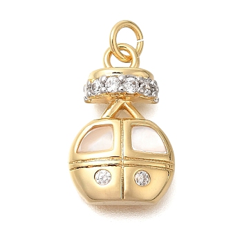 Brass Micro Pave Cubic Zirconia Pendants, with Shell, Cable Car, Airplane Charms, Real 14K Gold Plated, 15.5x10x3.5mm, Hole: 3mm