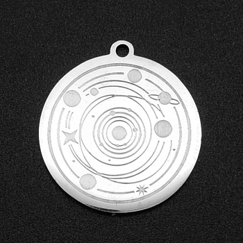 201 Stainless Steel Pendants, Laser Cut, Flat Round with Planet, Stainless Steel Color, 27x25x1mm, Hole: 1.4mm