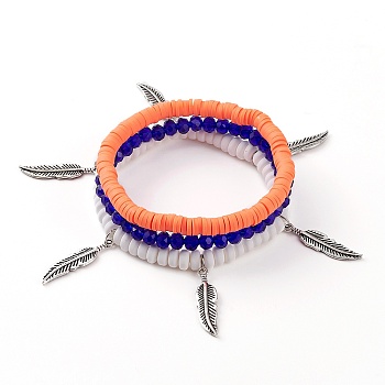 3Pcs 3 Styles Stretch Bracelets Sets, Stackable Bracelets, with Polymer Clay Heishi Beads, Glass Beads and Alloy Feather Pendants, Antique Silver, Mixed Color, Inner Diameter: 2-1/8 inch(5.5cm) and 2-1/4 inch(5.7cm), 1pc/style