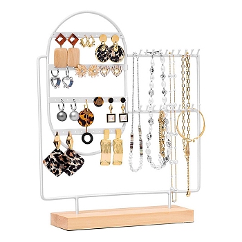 Carbon Steel Jewelry Display Stands with Wooden Base, Tabletop Jewelry Organizer Rack for Necklaces, Earrings, Bracelets Storage, White, 33x6.7x34cm
