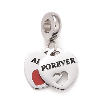 304 Stainless Steel European Dangle Charms, Large Hole Pendants, with Black & Red Enamel, Heart with Word Forever, Stainless Steel Color, 25mm, Hole: 4mm, Heart: 13.5x12x1.5mm