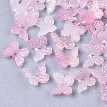 Transparent Spray Painted Glass Charms, with Glitter Powder, Butterfly, Pink, 9.5x11x3mm, Hole: 0.8mm