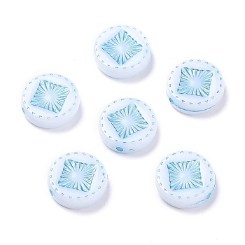 Opaque Acrylic Beads, Metal Enlaced, Flat Round with Rhombus Pattern, Sky Blue, 15~15.5x4.5~5mm, Hole: 1.8mm, about 606pcs/500g