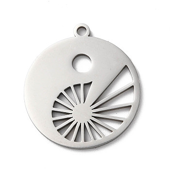201 Stainless Steel Pendants, Laser Cut, Flat Round with Fibonacci Spiral Charm, Stainless Steel Color, 28x25x1.2mm, Hole: 2mm