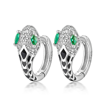 Snake Shape Rhodium Plated 925 Sterling Silver Hoop Earrings, with Green Cubic Zirconia, Platinum, 6mm