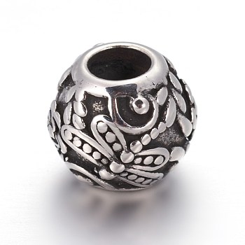 Retro 316 Surgical Stainless Steel European Style Beads, Large Hole Beads, Round with Dragonfly, Antique Silver, 10mm, Hole: 4.5mm