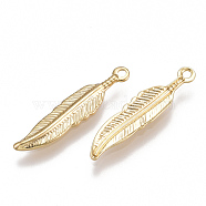 Brass Pendants, Feather, Nickel Free, Real 18K Gold Plated, 20.5x4.5x1mm, Hole: 1mm(KK-T038-158G)