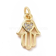 Brass Micro Pave Cubic Zirconia Palm Charms, with Jump Ring, Hamsa Hand with Heart Charm, Golden, 14x9x2mm, Hole: 2.8mm(KK-C012-08G)