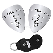 CREATCABIN 201 Stainless Steel Guitar Picks, with PU Leather Guitar Clip, Plectrum Guitar Accessories, Musical Note Pattern, Picks: 32x26x1mm, 2pcs, Clip: 115x47x1.3mm, Inner Diameter: 24mm, 1pc(AJEW-CN0001-48C)