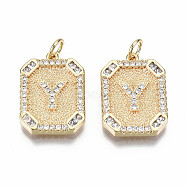 Brass Micro Pave Clear Cubic Zirconia Pendants, Nickel Free, Real 18K Gold Plated, Rounded Rectangle with Word, Letter.Y, 19x14x2.5mm, Jump Ring: 5x0.7mm, 3mm inner diameter(KK-S356-234Y-G-NF)