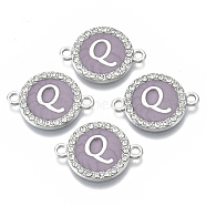 Alloy Enamel Links Connectors, with Crystal Rhinestones, Flat Round with Letter, Silver Color Plated, Letter.Q, 22x16x2mm, Hole: 1.8mm(ENAM-TAC0003-01S-01Q)