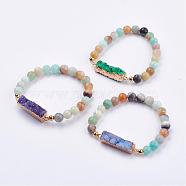 Natural Amazonite Stretch Bracelets, with Druzy Agate Links & Golden Plated 304 Stainless Steel Findings, Round & Rectangle, Mixed Color, 2 inch(52mm)(BJEW-JB03163)