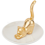 Porcelain Jewelry Holder Tray, for Rings, Necklaces, Earrings, Trinket Display, Cat, Gold, 116x90mm(AJEW-WH0401-57)