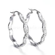 304 Stainless Steel Hoop Earrings, with Polymer Clay and Rhinestone, Wave Ring, Stainless Steel Color, 32x31x4mm, Pin: 1x0.8mm(EJEW-N0031-33P)