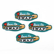 Computerized Embroidery Cloth Iron on/Sew on Patches, Appliques, Costume Accessories, Oval with Love to Swap, Dark Cyan, 34.5x79x1.5mm(DIY-S040-097)