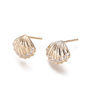 Brass Micro Pave Cubic Zirconia Ear Stud Components, with Loop and Sterling Silver Ear Pins, Shell, Long-Lasting Plated, Real 18K Gold Plated,10x12x3mm, Hole: 1mm, Pin: 0.8mm(X-MAK-I010-04G)