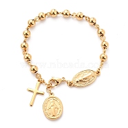 304 Stainless Steel Charm Bracelets, with Round Beads, Cross & Oval with Saint, Golden, 8-3/8 inch(21.3cm)(STAS-B021-16G)
