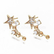 Brass Micro Pave Clear Cubic Zirconia Earring Findings, for Half Drilled Beads, Nickel Free, Star, Real 18K Gold Plated, 21x10mm, Pin: 0.7mm, Pin: 0.6mm(for half drilled beads)(KK-S356-127G-NF)