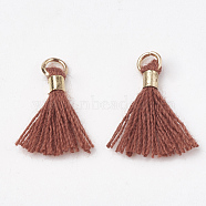Polycotton(Polyester Cotton) Tassel Pendant Decorations, Mini Tassel, with Brass Findings, Light Gold, Sienna, 10~15x3~4mm, Hole: 2mm(FIND-S275-19G)