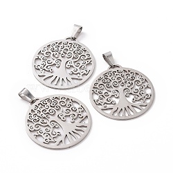 201 Stainless Steel Pendants, Flat Round with Tree, Stainless Steel Color, 32x29.5x1mm, Hole: 5x3mm(STAS-T046-JN269-1)