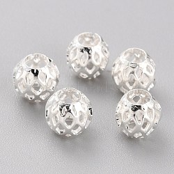 Long-Lasting Plated Hollowed Brass Beads, Filigree Beads, Round, 925 Sterling Silver Plated, 6.5x6mm, Hole: 3mm(KK-O133-002A-S)