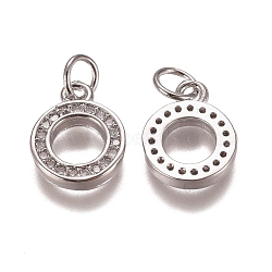 Brass Micro Pave Clear Cubic Zirconia Charms, with Jump Rings, Round Ring Shape, Platinum, 12x10x2mm, Hole: 3mm(X-ZIRC-G153-23P)