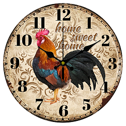 MDF Printed Wall Clock, for Home Living Room Bedroom Decoration, Flat Round, Rooster, 300mm(HJEW-WH0058-002)