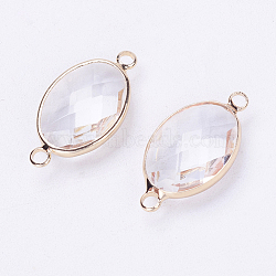 Glass Links connectors, with Brass Findings, Faceted, Oval, Light Gold, Clear, 25x13.5x6mm, Hole: 2mm(KK-E712-A06-KCG)