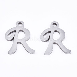 201 Stainless Steel Charms, Laser Cut, Alphabet, Stainless Steel Color, Letter.R, 12x9x1mm, Hole: 1.4mm(STAS-T044-217P-R)