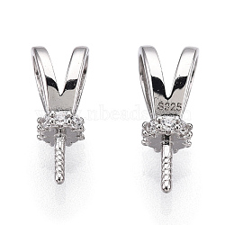 Rhodium Plated 925 Sterling Silver Micro Pave Cubic Zirconia Rabbit Ear Peg Bails, For Half Drilled Beads, Nickel Free, with S925 Stamp, Real Platinum Plated, 11x4.5x4mm, Hole: 2.5x4mm, Pin: 0.8mm(STER-T004-54P)