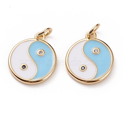 Brass Micro Pave Clear Cubic Zirconia Pendants, with Enamel & Jump Rings, Flat Round with Yin Yang, Real 18K Gold Plated, Light Sky Blue, 15x12.5x2mm, Jump Ring: 5x1mm, 3mm Inner Diameter(KK-C100-16G-03)