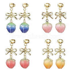 4Pairs 4 Colors Resin Stud Earring, with Alloy Links Bowknot Connectors and 304 Stainless Steel Stud Earring Findings, Strawberry, Mixed Color, 30x12.5mm, 4pairs/set(EJEW-TA00481)