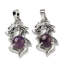 Natural Amethyst Pendants, Dragon Charms with Rack Plating Brass Findings, Platinum, Cadmium Free & Lead Free, 31x18x8~10mm, Hole: 5x8mm(G-G111-01P-05)