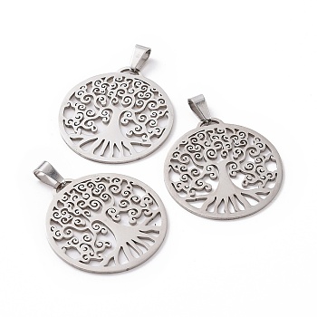 201 Stainless Steel Pendants, Flat Round with Tree, Stainless Steel Color, 32x29.5x1mm, Hole: 5x3mm
