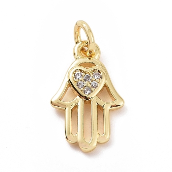 Brass Micro Pave Cubic Zirconia Palm Charms, with Jump Ring, Hamsa Hand with Heart Charm, Golden, 14x9x2mm, Hole: 2.8mm