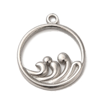 304 Stainless Steel Pendants, Ring Charms with Wave, Stainless Steel Color, 21x1.5mm, Hole: 1.6mm