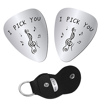 CREATCABIN 201 Stainless Steel Guitar Picks, with PU Leather Guitar Clip, Plectrum Guitar Accessories, Musical Note Pattern, Picks: 32x26x1mm, 2pcs, Clip: 115x47x1.3mm, Inner Diameter: 24mm, 1pc