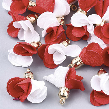 Cloth Pendants, with CCB Plastic, Two Tone, Flower, Golden, Red, 24~27x15~25mm, Hole: 1.6mm