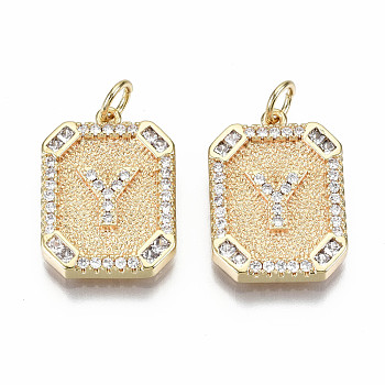Brass Micro Pave Clear Cubic Zirconia Pendants, Nickel Free, Real 18K Gold Plated, Rounded Rectangle with Word, Letter.Y, 19x14x2.5mm, Jump Ring: 5x0.7mm, 3mm inner diameter