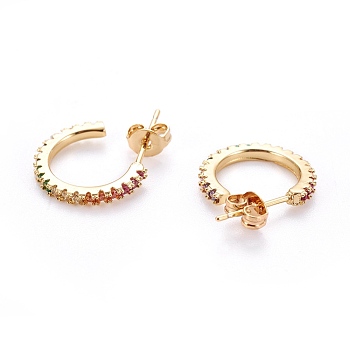 Brass Micro Pave Cubic Zirconia Stud Earrings, Half Hoop Earrings, with Brass Ear Nuts, Ring, Colorful, Real 18K Gold Plated, 15x2mm, Pin: 0.7mm