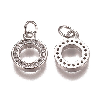 Brass Micro Pave Clear Cubic Zirconia Charms, with Jump Rings, Round Ring Shape, Platinum, 12x10x2mm, Hole: 3mm