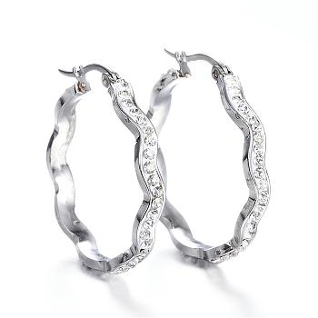 304 Stainless Steel Hoop Earrings, with Polymer Clay and Rhinestone, Wave Ring, Stainless Steel Color, 32x31x4mm, Pin: 1x0.8mm
