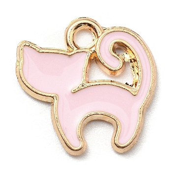 Alloy Charms, with Enamel, Golden, Cadmium Free & Nickel Free & Lead Free, Cat Shape Charms, Pink, 13x13x1.5mm, Hole: 1.8mm