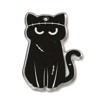 Halloween Themed Double-sided Printed Acrylic Pendants, Cat Shape, Black, 38x27.5x2mm, Hole: 1.2mm