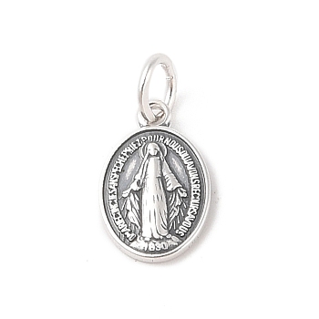 999 Sterling Silver Oval with Virgin Religious Medal Charms with Jump Rings, Antique Silver, 14.5x9x1.5mm, Hole: 3.5mm